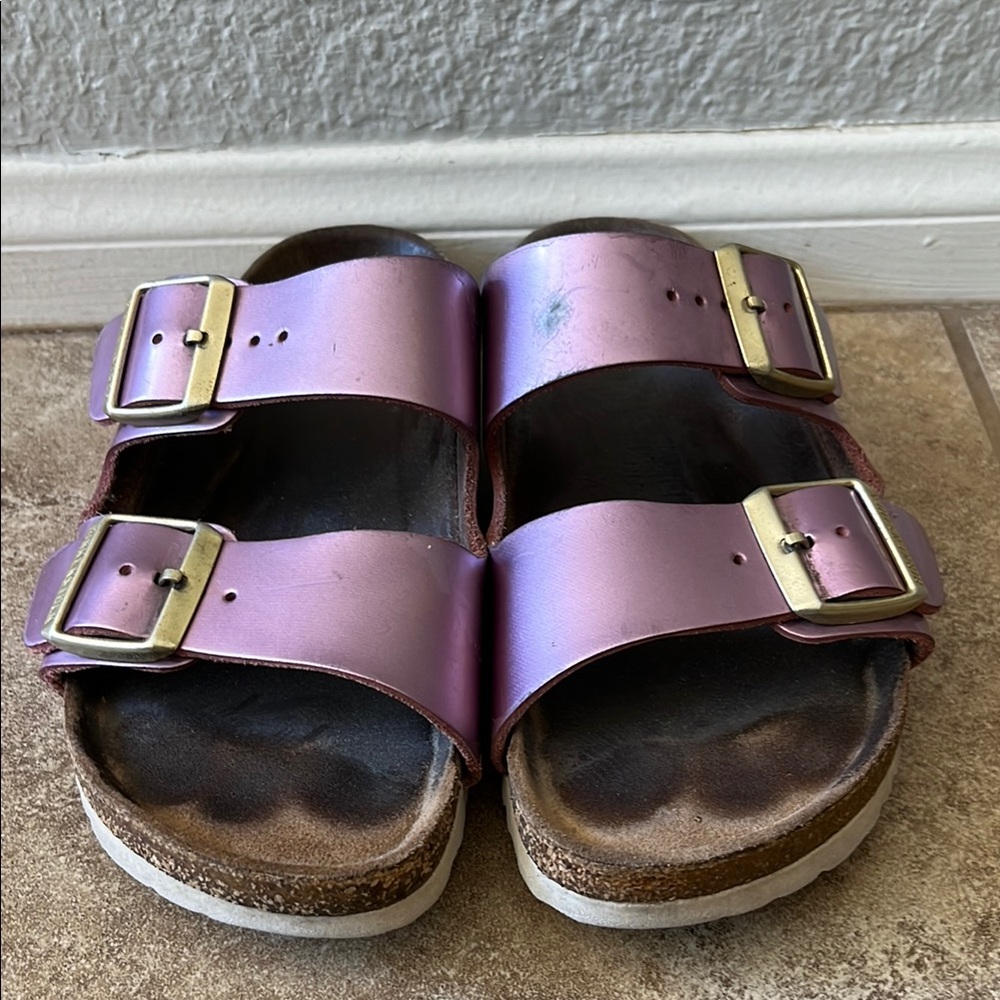 Metallic Pink Double Strap Sandals